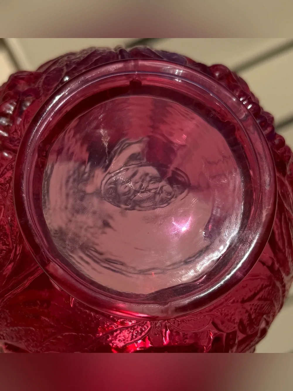 Fenton 1970s Cranberry Rose Poppy Embossed Flowers Crimped Top Rose Bowl Vase